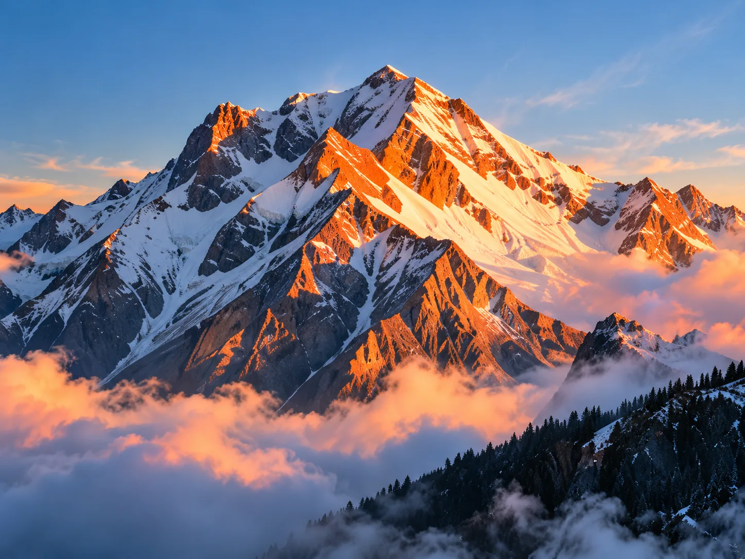 橙金色晨光照亮雪山